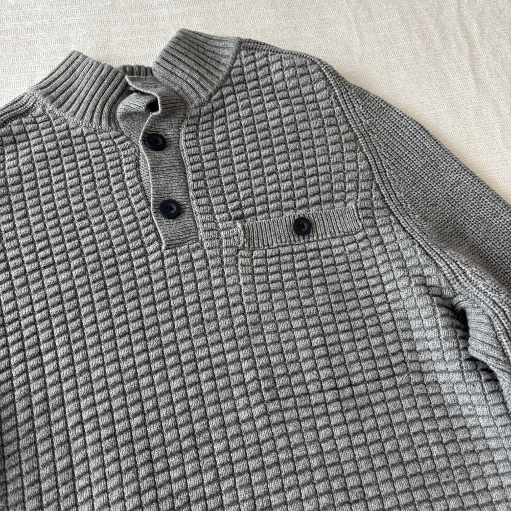 Duluth Trading Co Mens Gray Textured Cotton Henley Sweater Mock‎ Neck Large